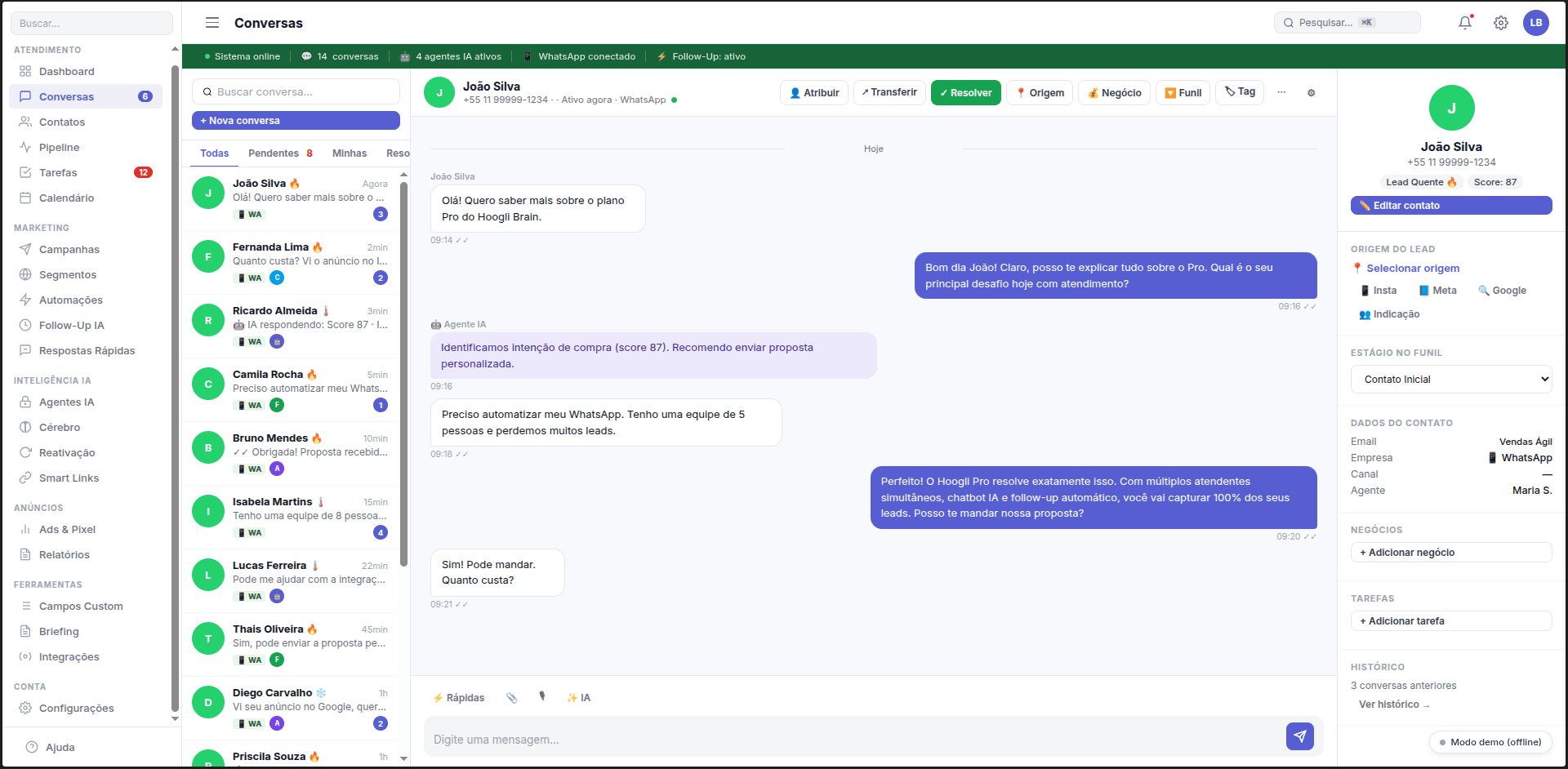 Demonstração do Hoogli Brain — inbox, IA e pipeline em uso